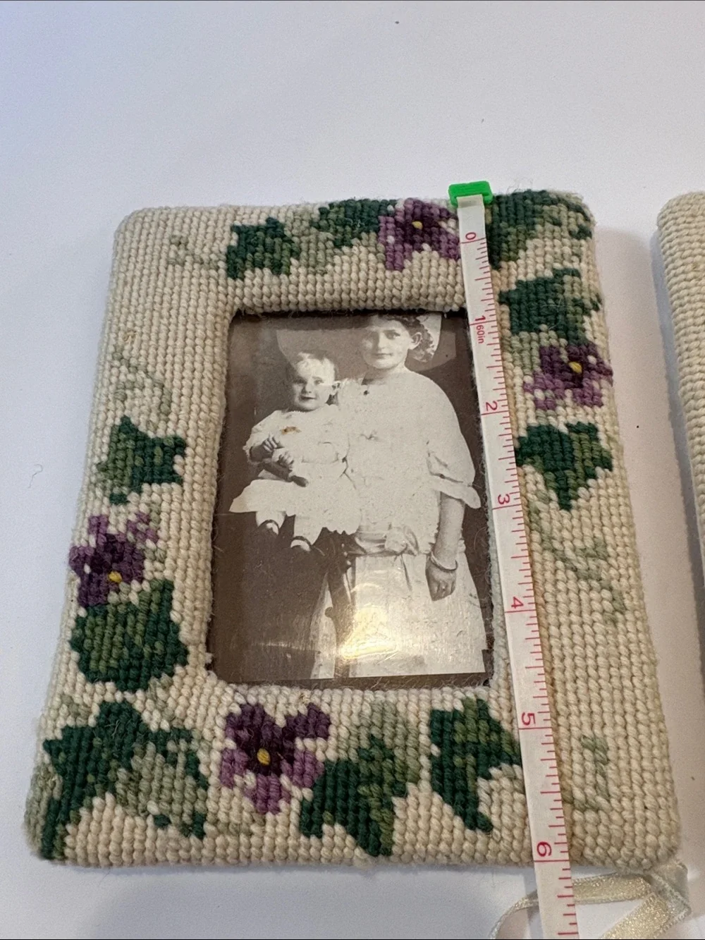 Vintage Handmade Floral Needlepoint Picture Frames - Pair of 2